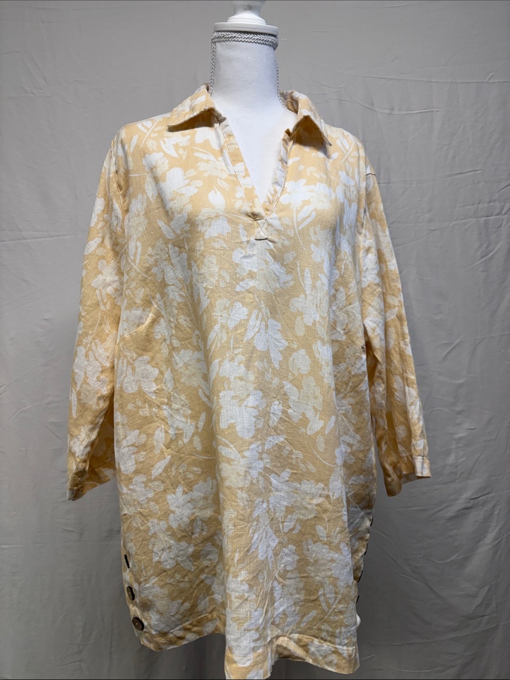 Jolie Sunny apricot & White Floral V-Neck Tunic 100% linen